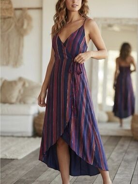 Braeve Blue Multi Striped V-Neck Wrap High Low Midi Dress Size XS